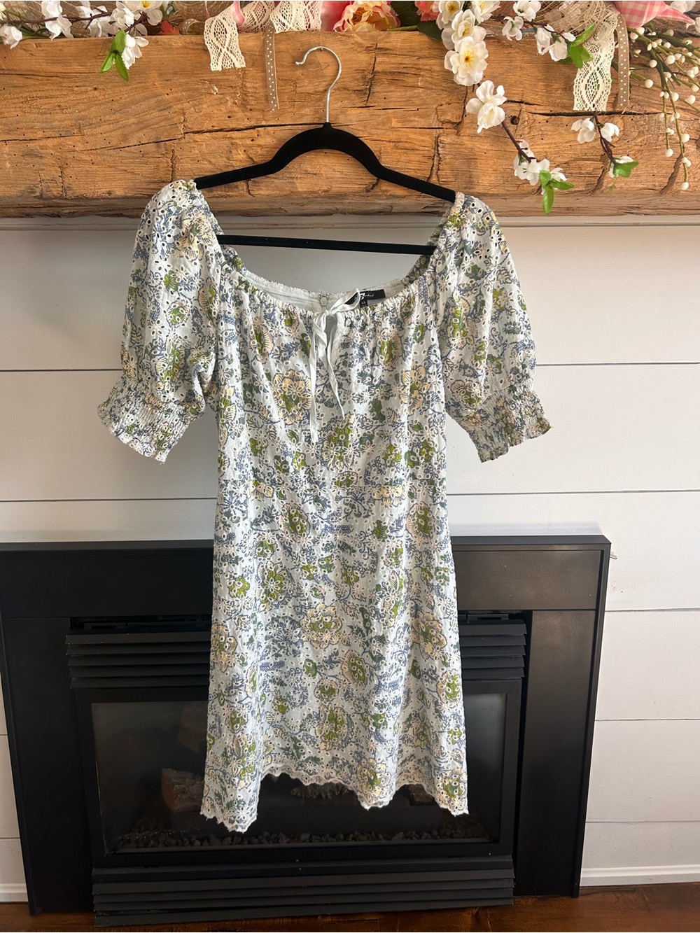 7 For All Mankind White Mini Dress with Green and Blue Floral Print